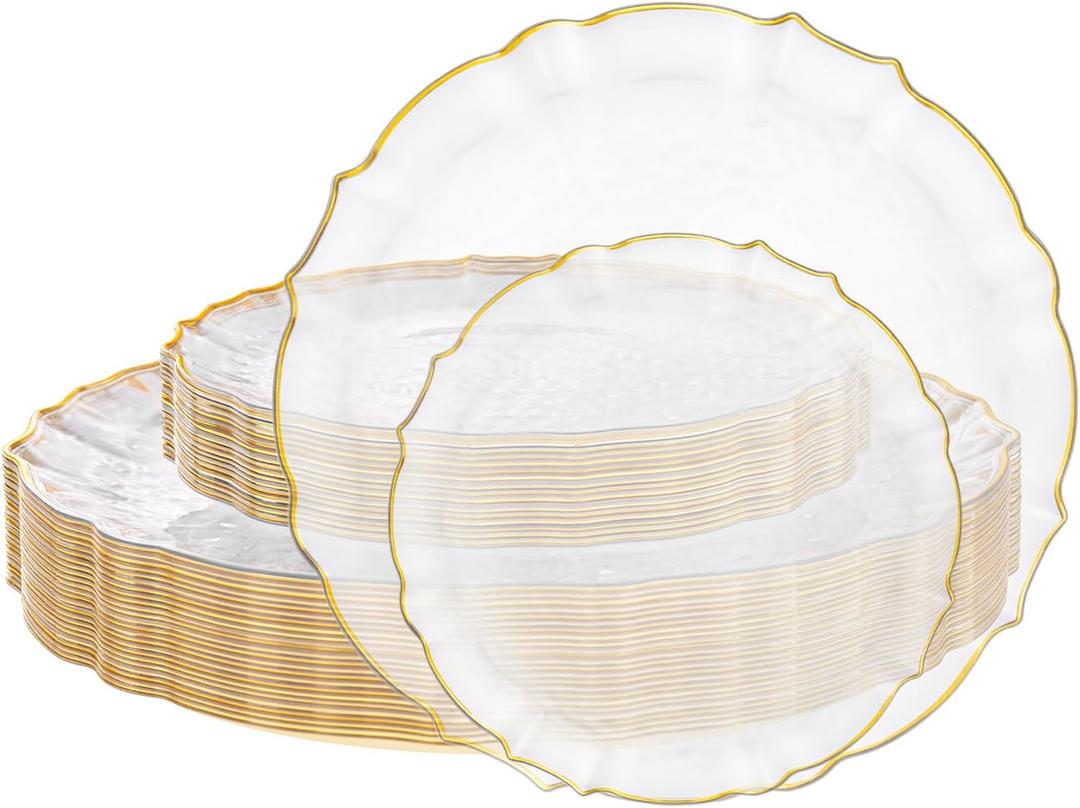 bUCLA 40PCS Clear and Gold Plastic Plates - Fancy Lace-Edge Clear Plates with Gold Trim Hammered Disposable - Include 20 Each(Dinner&Dessert) for Party & New Year