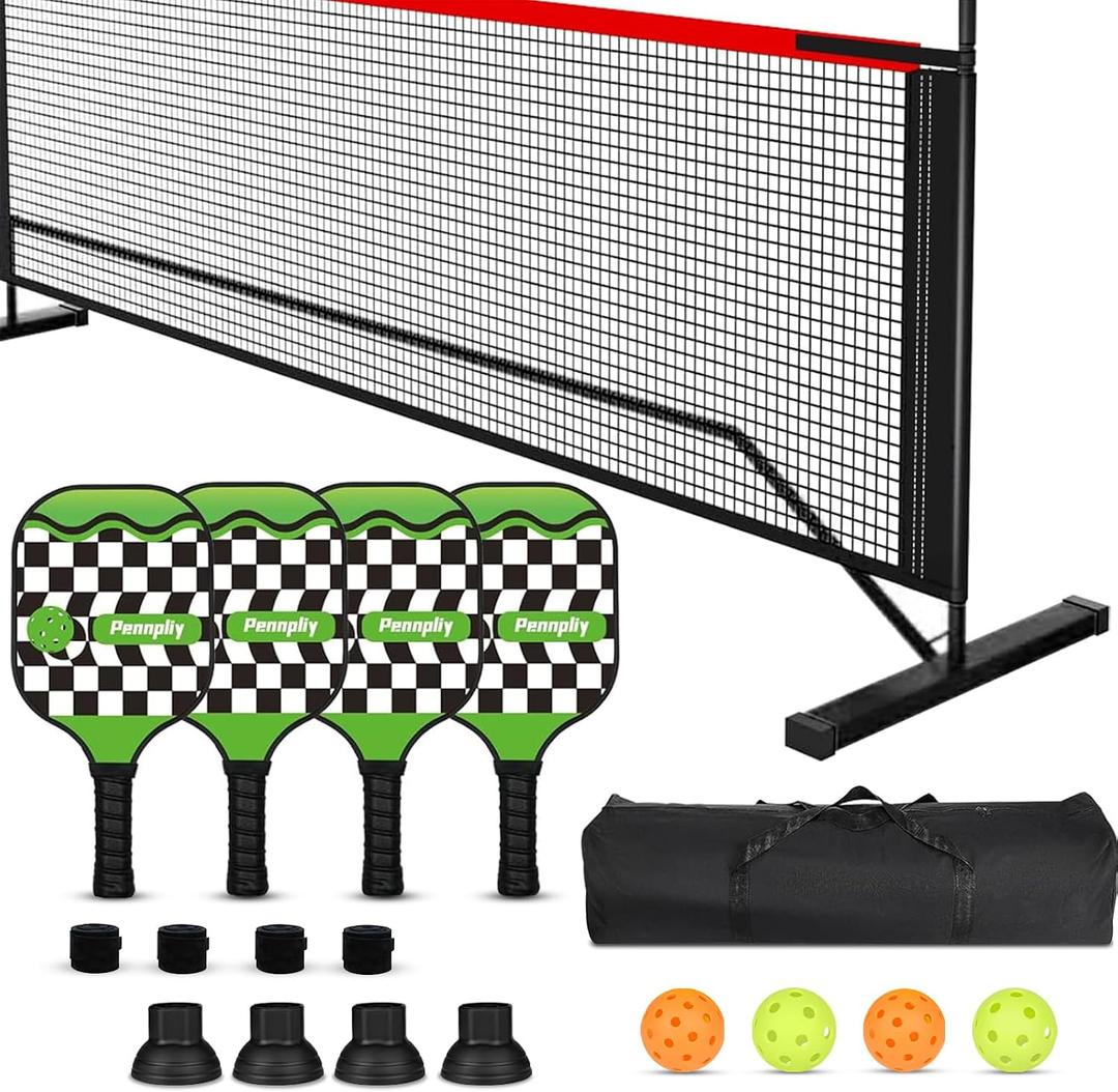 Pickleball Set with Net and Paddles, 4 Player Set, Brown Wooden Paddles, 22FT Portable Net, 6 Balls, 4 Ball Retrievers, 4 Replacement Grips