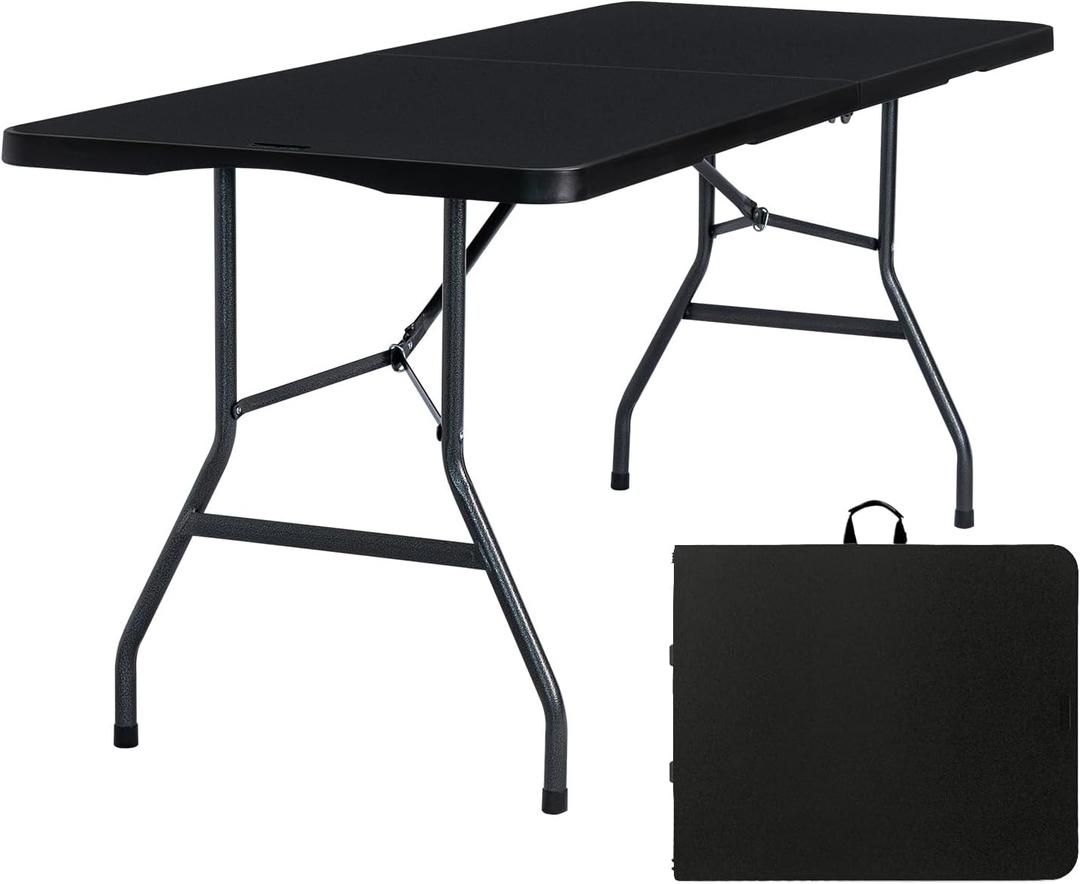 Byliable Folding Table 6ft Portable Heavy Duty Plastic Fold-in-Half 6 Foot Foldable Table Utility Dining Indoor Outdoor with Carrying Handle for Camping Picnic and Party, Black