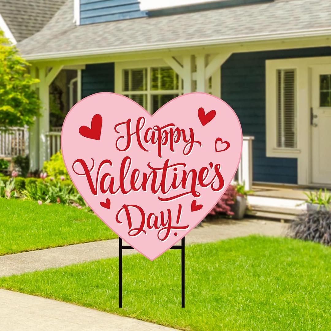 Happy Valentine' s Day Metal Garden Stake Welcome Yard Sign Pink Love Heart Decorative Lawn Sign for Wedding Anniversary Home Outside Lawn Porch Walkway Decor