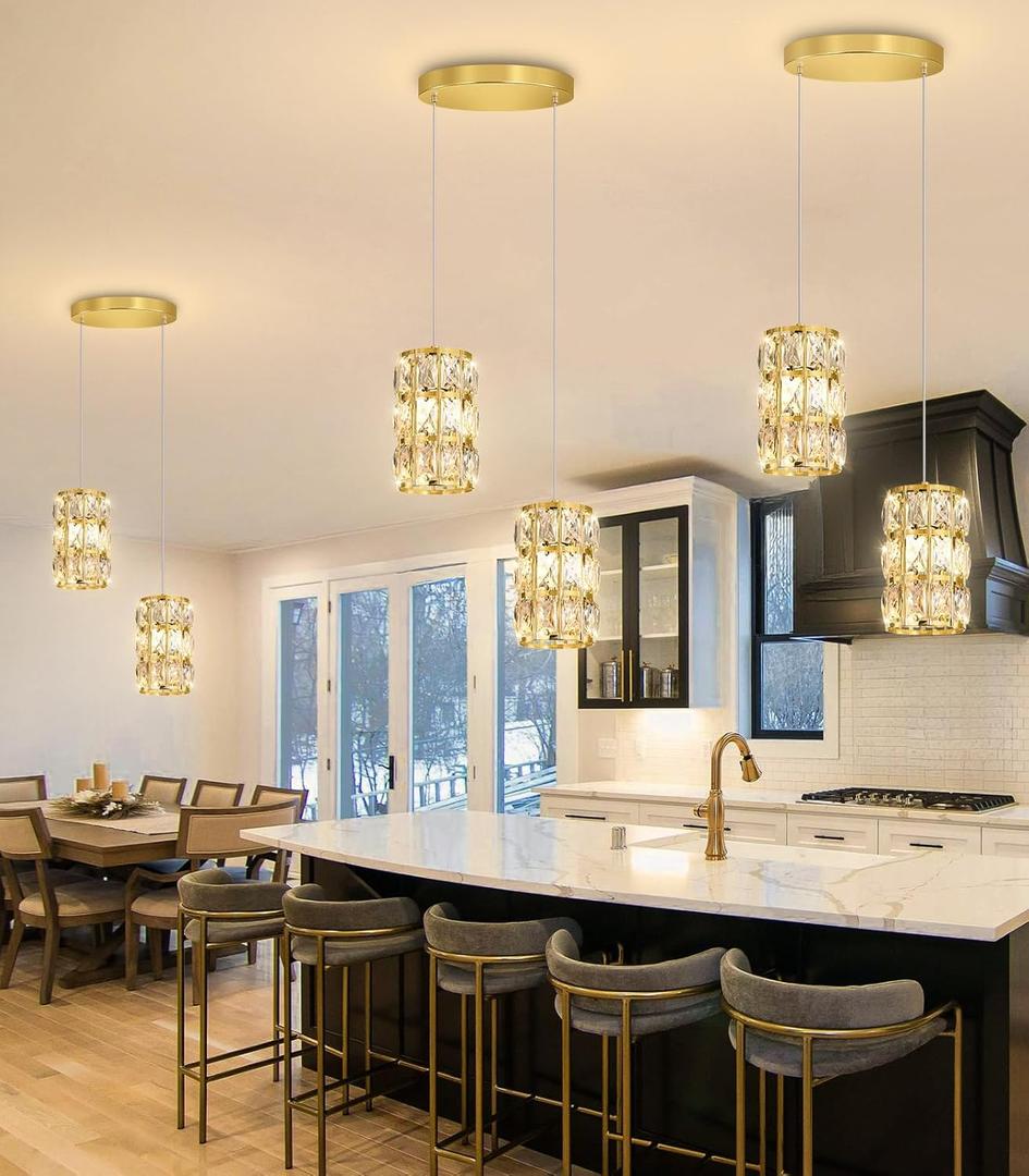 2-Lights Modern Crystal Pendant Lights for Kitchen Island LED Dimmable Glam Pendant Lighting Chandelier for Dining Room Hallway Corner Lamp Gold