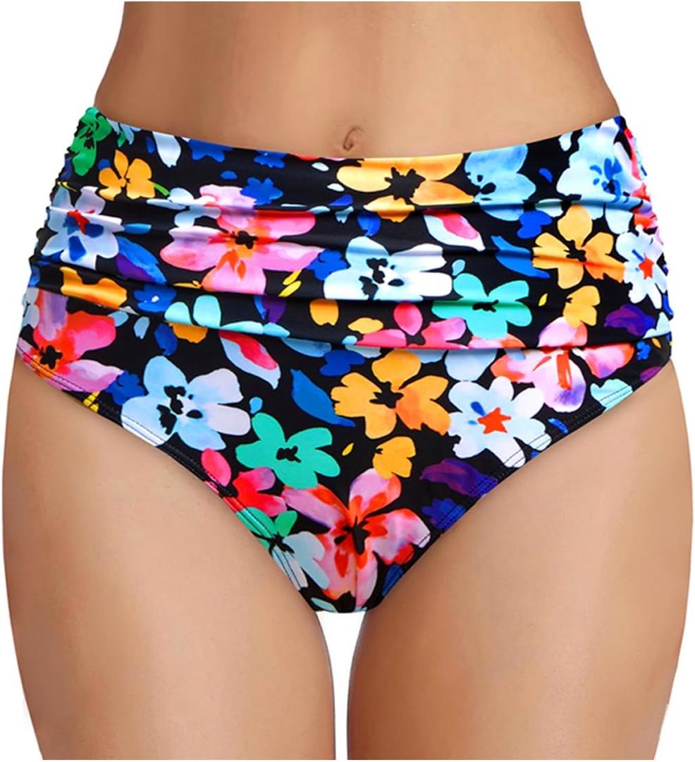 Tempt Me Women's High Waisted Bikini Bottom Tummy Control Ruched Bathing Suit Swim Bottom (Colorful Flower), Medium