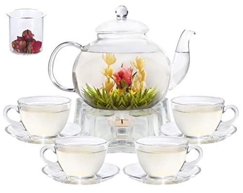 GURUDAR Glass Teapot Set, 40OZ/1200ml Stovetop Safe Glass Tea Kettle with Removable Infuser & Tea Warmer, Tea Cups and Saucers Set of 4, Blooming Tea & Loose Leaf Tea Maker Set for Women