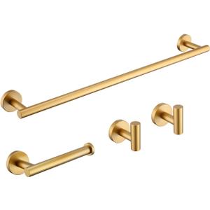 4-Piece Bathroom Accessories Set Stainless Steel Wall Mount Gold - Includes 24-Inch Towel Bar, Toilet Paper Holder, 2X Robe Hooks, BS100S4B-BG