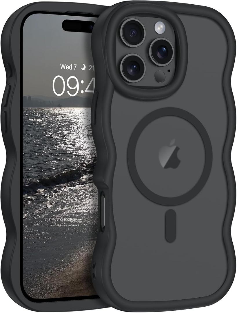 YINLAI Case for iPhone 16 Pro Max 6.9-Inch, Magnetic Compatible with Magsafe Cute Curly Wave Frame Slim Translucent Matte Support Wireless Charging Women Girls Shockproof Protective Phone Cover,Black