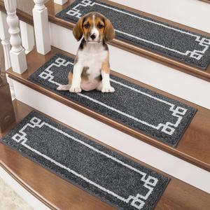 BEQHAUSE Non Slip Stair Treads for Wooden Steps Indoor Washable Stair Runner 28inX9in Polyester Durable Stair Treads Carpet for Dogs,Kids and Elders 15pcs,Dark Grey