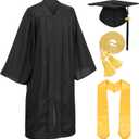 Unisex Adult Matte Graduation Cap and Gown Set with Honor Cord Gold Stoles for College School Bachelor Graduates (48, Black)