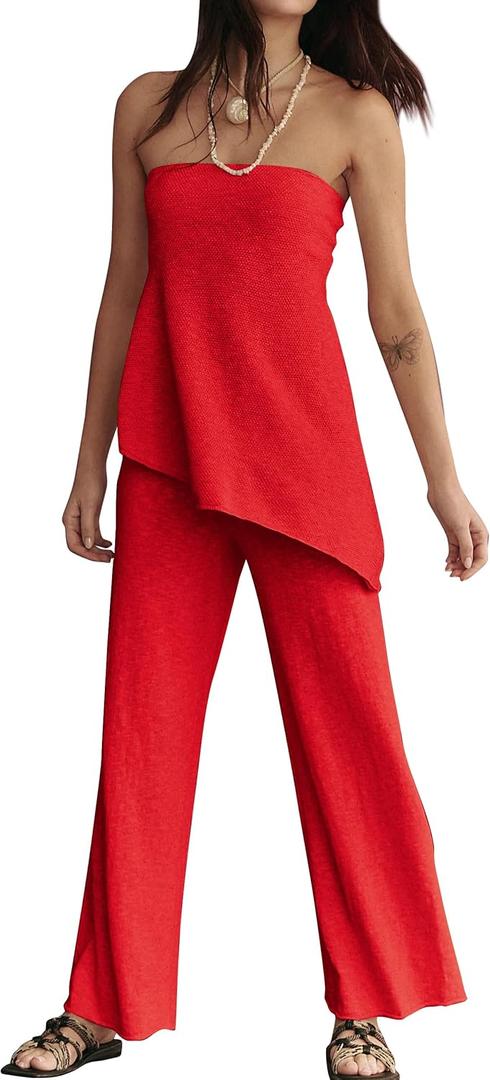 2 Piece Sets for Women Tube Tops and Pants Lounge Sweater Sets Summer Beach Travel Vacation Outfits (Medium, Red)