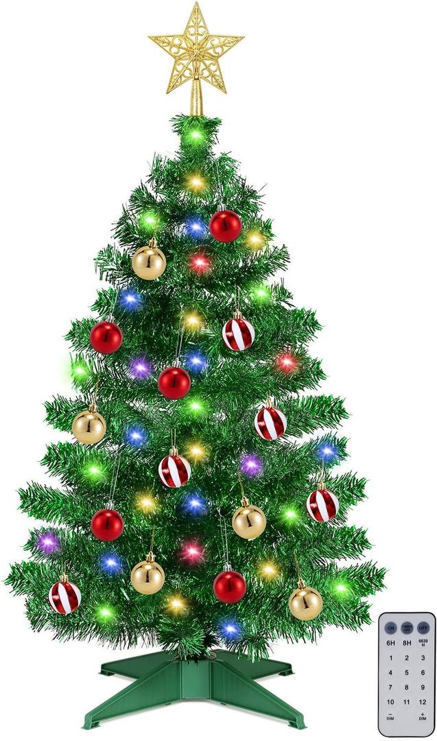 [ Timer & 12 Modes ] 3 Ft Green Christmas Tree with DIY 50 Warm White & Multi Color Lights 15 Ball Ornaments 3D Star Remote Control Battery Operated Pencil Full Tree Xmas Christmas Decorations Table