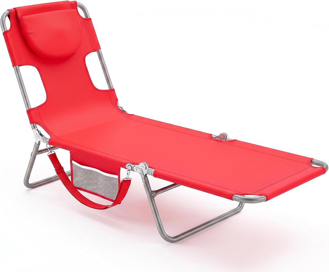 DUMOS Lounge Chair Outdoor, Beach Tanning Chair with Face Hole, Red, 71.9×21.5×11.8 IN