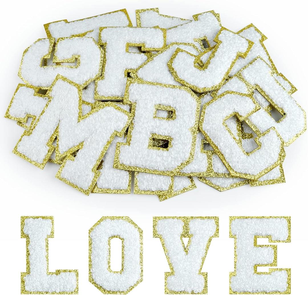 Morcheiong 26Pcs Self Adhesive Chenille Letter Patches A-Z, Chenille Letters for DIY Clothing, Fabric, Shoes, Bags (White)