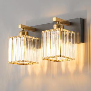 Modern Bathroom Vanity Light 2-Lights Black Gold Crystal Bathroom Wall Light Vanity Light Fixtures12.59-inch Modern Minimalist Design