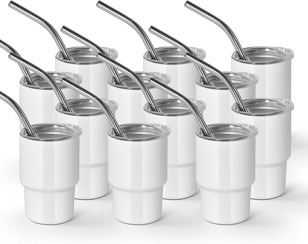 AGH 3 oz Mini Tumbler Shot Glass with Straw and Lid White Stainless Steel Sublimation Tumblers Double Wall Vacuum Insulated Cups, 12 Pack