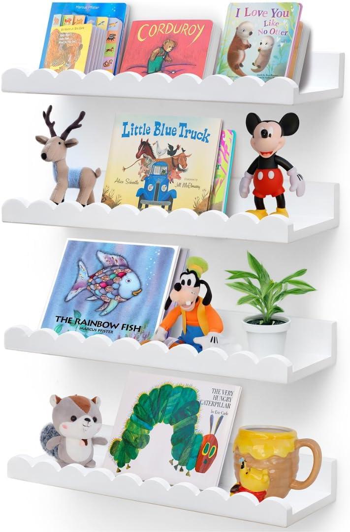Scalloped Shelves - Set of 4 Pre-Assembled 15.6inch White Floating Nursery Book Shelves, Scalloped Book Shelf - Kids Wall Decor, Nursery Decor, Floating Shelves for Wall