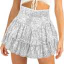FEOYA Women Sequins Ruffle Skirt High Waist Glitter Flowy Skirt Layered Shiny Mini Skirt Built in Shorts L Silver