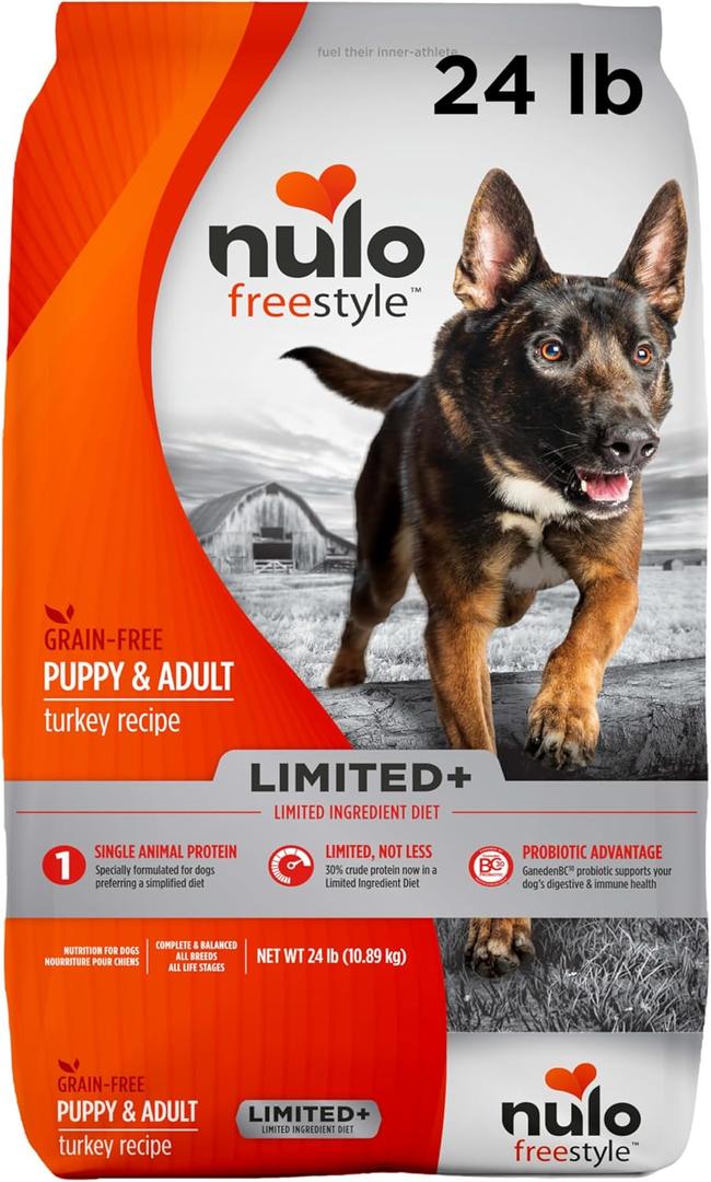 Nulo FreeStyle Limited Ingredient Dog Food, High-Protein Turkey Recipe, Grain-Free Natural Dry Dog Food for Adult Dogs & Puppies with Food Sensitivities, Single Animal Protein, 24 lb Bag (24 Pound (Pack of 1))