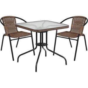 Flash Furniture Lila 3-Piece 28" Square Indoor/Outdoor Patio Table and Chairs Set, Glass Metal Bistro Table and 2 Stacking Rattan Chairs, Brown