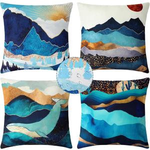 Premillow Outdoor Pillow Covers 18x18 Inch Set of 4, Sunset Blue Hill Decor Throw Pillow Covers Outside Waterproof Pillow for Patio Furniture Bench Chair Couch Sofa, Green Hill