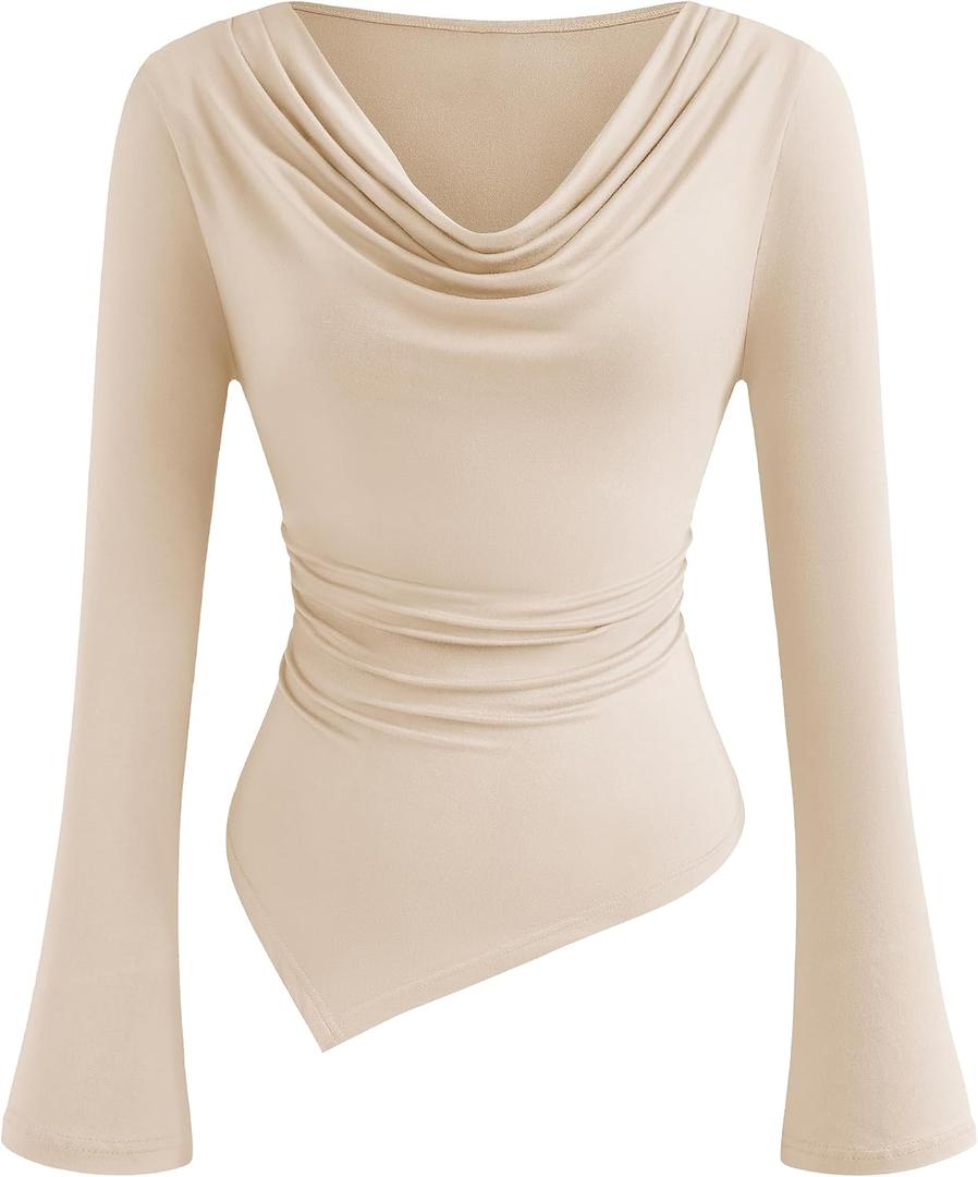 PRETTYGARDEN Womens Bell Long Sleeve Shirts Casual Cowl Neck Asymmetrical Slim Fit Crop Tops Y2K Going Out Spring Clothes (Beige,M) (Beige, M)