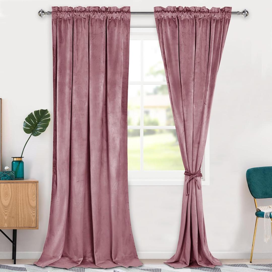 Hiasan Velvet Curtains 96 inches-Blackout Thermal Insulated Solid Soft Curtains for Bedroom Living Room Rod Pocket Room Darkening 2 Panels Window Drapes with Tiebacks, 42W x 96L, Wild Rose