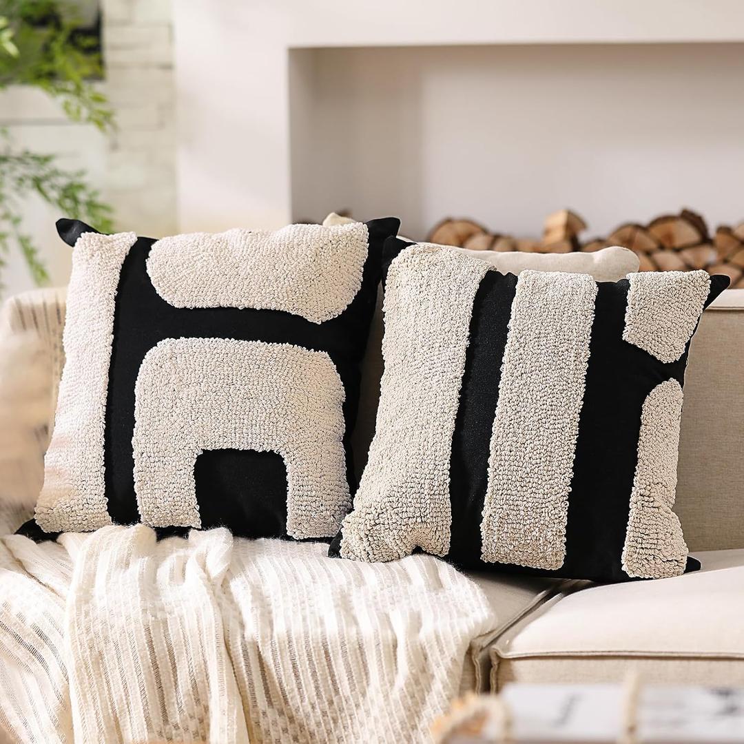 Oudain 2 Pcs Boho Chunky Tufted Pillow Covers 18 x 18 Inches Modern Abstract Tufted Pillow Cases Decorative Farmhouse Textured Pillowcases for Living Room Sofa (Black,Cream,Classic Style)