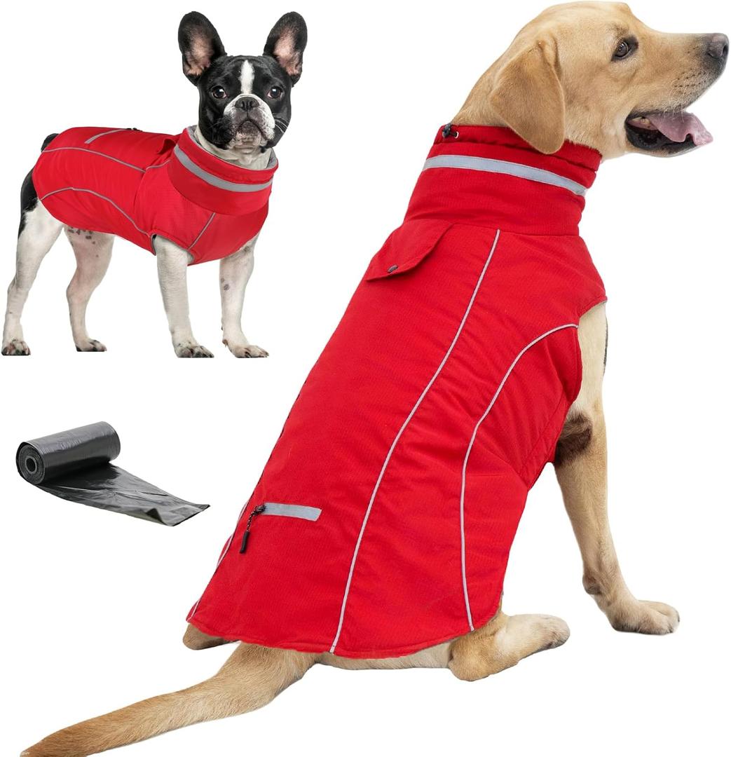 Doglay Waterproof Dog Coat, Reflective Dog Winter Jacket with Pocket & Turtleneck, Warm Puppy Snow Jacket for Small Medium Large Dogs - Red, L