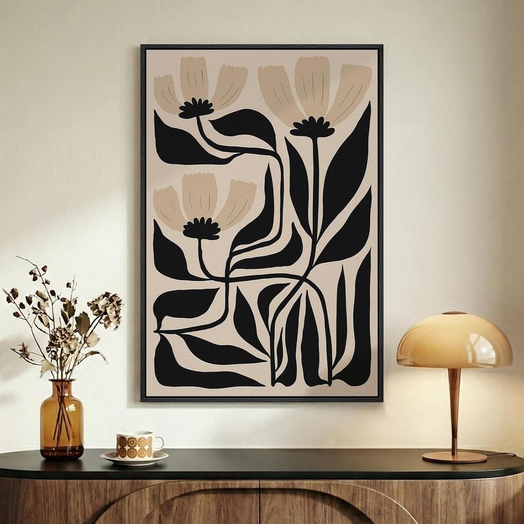 Framed Boho Abstract Floral Wall Art for Living Room, Neutral Black Beige Botanical Paintings Prints Canvas Artwork for Walls, Vertical Mid Century Modern Wall Decor for Bedroom Home Office, 24x36 In