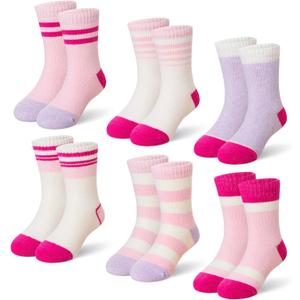 Eyean Kids Merino Wool Socks Boys Girls Thermal Winter Hiking Warm Thick Boot Cozy Toddler Crew Socks 6 Pairs (4-7 Years, Pink Stripe)