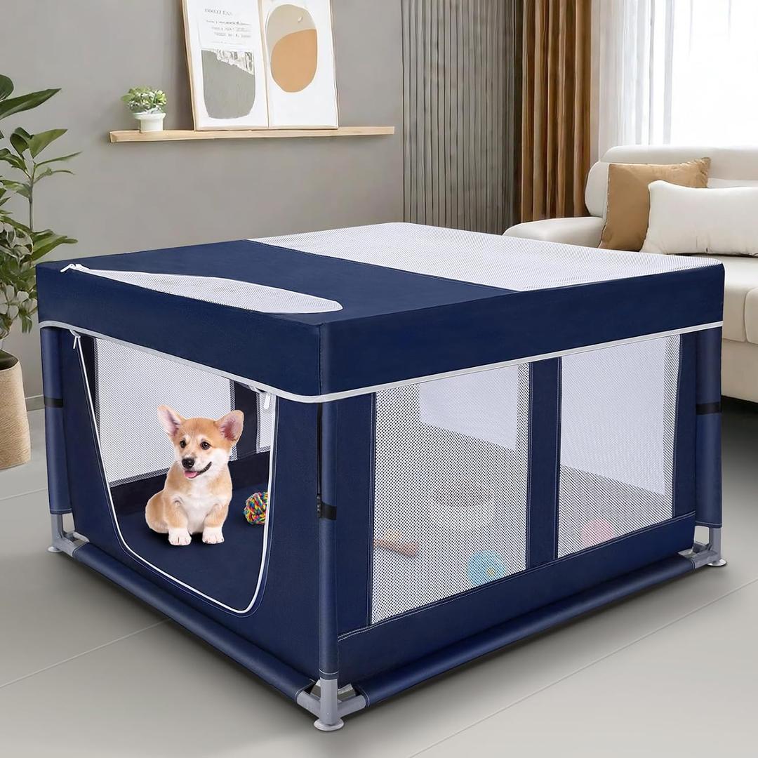 Dog Playpen 42  42 inch, Puppy Playpen with Removable Roof, 25 Height Pet Playpen with Zipper Door for Small Dogs and Small Animals, Dog Fence Indoor & Outdoor (Navy Blue)