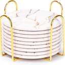 9 Pieces Ceramic Drink Coasters with Holder, Billbotk Absorbent Drink Coasters for Coffee Table, Marble Style Coasters Wooden Table, Suitable for Kinds of Cups, 4 Inches (Gold White)