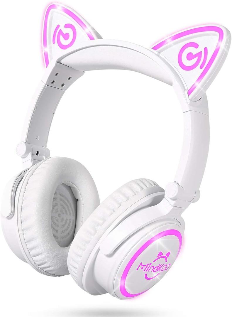 Cat Ear Bluetooth Headphones with Microphone, LED Light Up Over Ear Headphones, Volume Control and Foldable Headset for Tablet/PC/iPad/Cell Phones, Gift for Kids Boys & Girls (White)