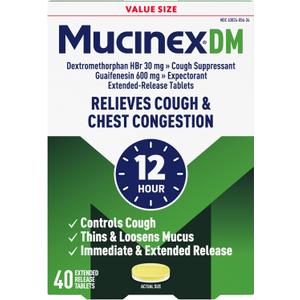 Mucinex DM 12Hr Chest Congestion & Cough Medicine For Adults, Cold And Cough Medicine for Excess Mucus Relief, 600 mg Guaifenesin & 30 mg Dextromethorphan HBr, 40 Bi-Layer Tablets