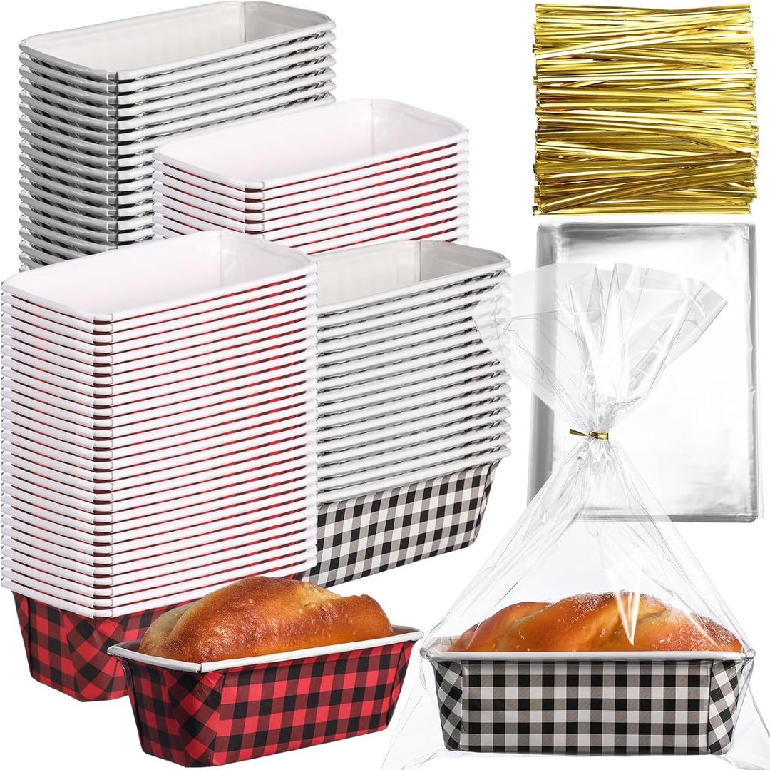 50 Sets Christmas Paper Loaf Pan 6.3 x 2.2 x 2.2 Inch Mini Disposable Bread Pans with Clear Plastic Bags and Ties Rectangle Baking Mold Loaf Containers for Bread Cake Baking (Plaid Style)