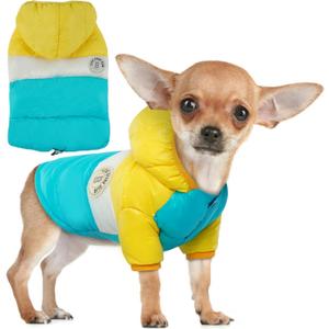 FUAMEY Puppy Puffer Jacket, Warm Padded Pet Snow Vest, Cute Windproof Dog Clothes, Waterproof Outdoor Lightweight Small Dog Hoodie, Chihuahua Poodles Yorkshire Pet Apparel S/12 (Yellow)