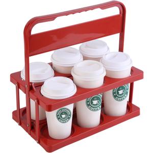 musbus Reusable Drink Carrier with Handle for Food Delivery Drivers, Portable Cup/Coffee Holder Accessories for Delivery, Foldable Drinks Caddy with Tray, Car Durable Plastic Festive Bottle, Vacation, Red 6 Cup
