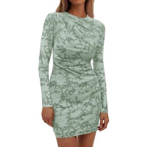PRETTYGARDEN Women's Fall Bodycon Dresses 2026 Sexy Long Sleeve Ruched Lace Floral Mini Party Dress Tight Club Outfits (Green, XL)