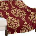 Men's Soft Winter Warm Blanket Soft Cozy Flannel Blanket Decor Sofa Couch Cover Flower Red Gold Floral Classy Burgundy Antique (50"x60", Color317)