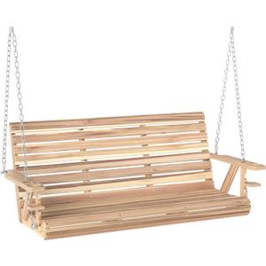 Outsunny Upgraded Wooden Porch Swing 3-Seater, 5 FT Outdoor Patio Swing Bench with Cupholders, Hanging Chains, Swing Chair Bench for Patio Garden Yard, Nature Wood
