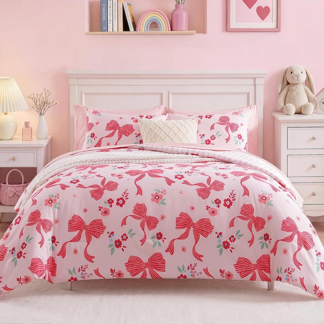 AMBERSPACE Queen Comforter Set for Girls, Pink Bow Bedding Set with Cute Floral, All Season Kids Bed in a Bag 7 Pieces with Sheets, Pillowcases & Shams