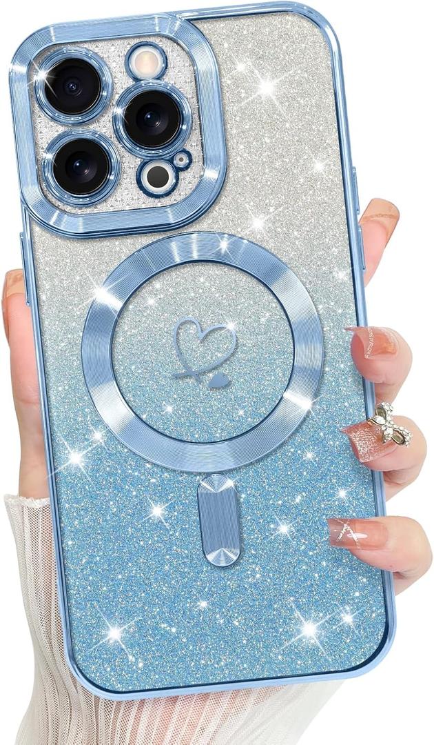Bonoma Compatible with iPhone 14 Pro Case Support for MagSafe, Plating Heart Glitter Magnetic 2* Screen Protector TPU Camera Protection Back Cover for Girls Women Blue