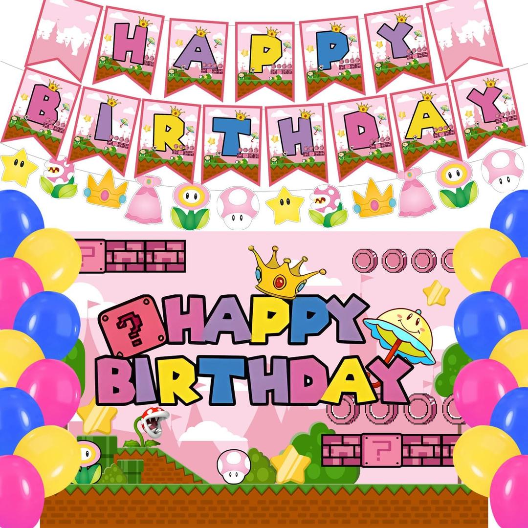 Pink Super Bros Birthday Party Backdrop,Super Brother Decor Supplies Include Happy Birthday Banner,Backdrop,Latex Balloon