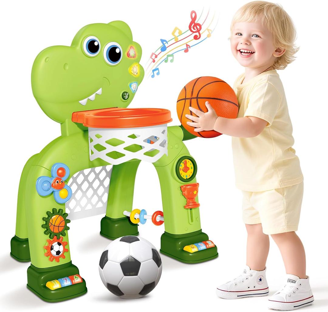 AuroTops Toddler Basketball Hoop & Soccer Goal Toy,Dinosaur Toys with Light & Music,Musical Toys for 1 Year Old Boy Girl Learning Toy for Toddlers 1-3 Birthday Gifts for 1 Year Old Boys
