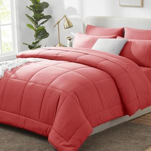 CozyLux Queen Comforter Set Coral, 7 Pieces Bed in a Bag, Coral Comforters Queen Size, All Season Bedding Sets with Stitch Quilted Comforter, Flat Sheet, Fitted Sheet, Pillowcases