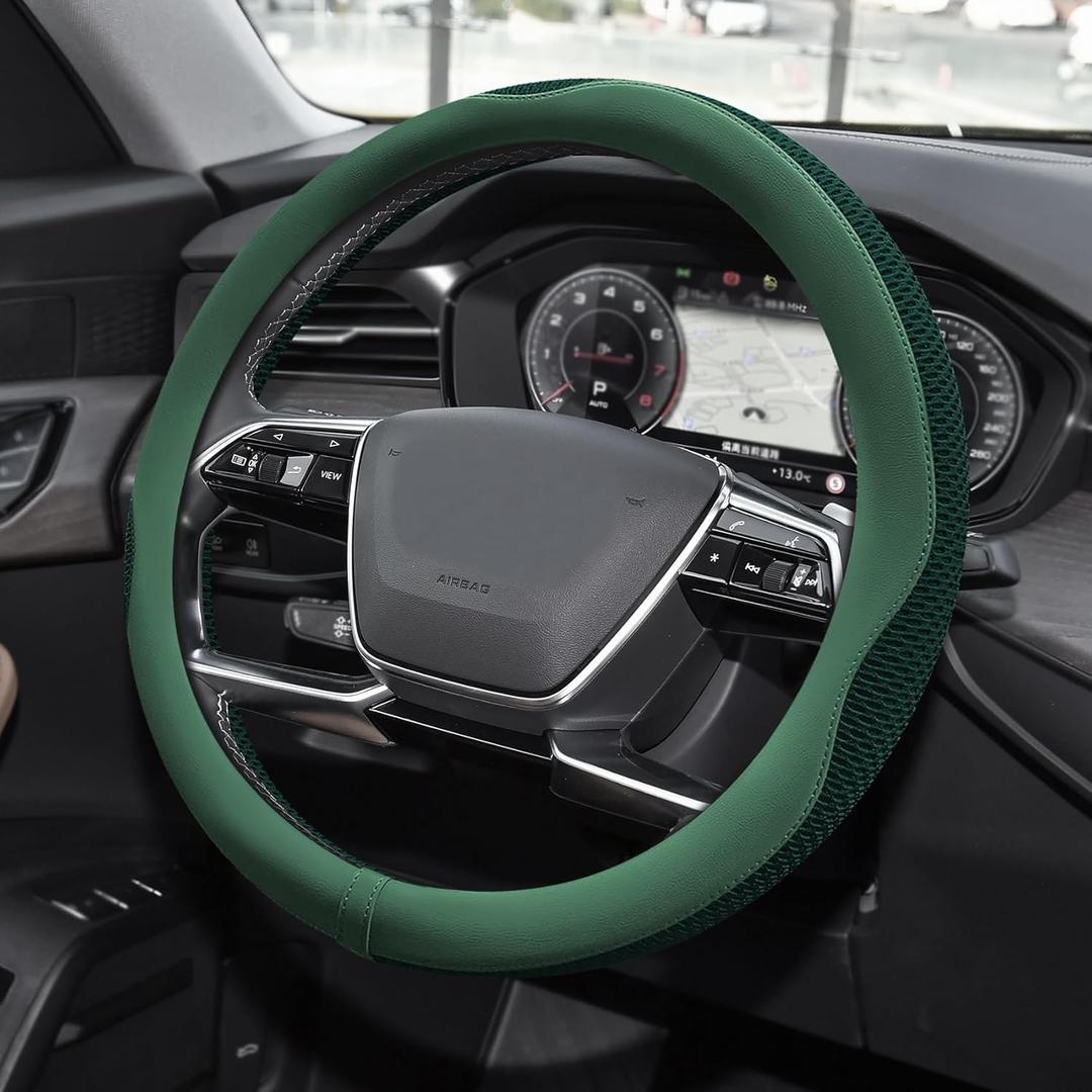 Car Steering Wheel Cover, Steering Wheel Accessories, Universal 15 Inch Microfiber Breathable LCE Silk, Car Accessories Breathable Anti-Slip Protector Universal for SUV Sedan Truck (Green)