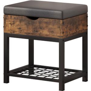 Shoe Storage Bench with Padded Seat, Vintage Brown Leather Top & Metal Frame, Small Shoe Rack for Kids, Waterproof Durable Hallway Seat