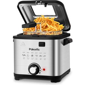 PUKOMC Electric Deep Fryer, 1.5 Liters/1.6 Qt. Oil Capacity, Small Deep Fryer with Basket for Home Use, Cool Touch Sides Easy to Clean, Nonstick Basket