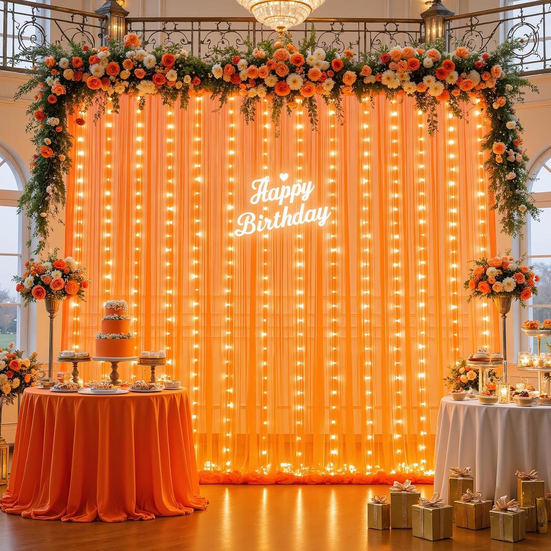10ft x 10ft Orange Tulle Photo Backdrop Curtain with Lights String for Halloween Party Orange Sheer Curtain Backdrop Drapes for Birthday Party Wedding Photo Booth Background Home Room Decorations
