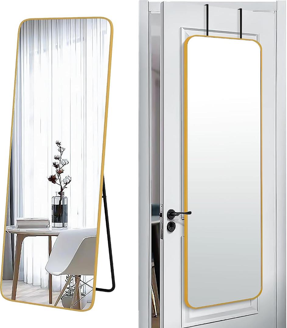 SCWF-GZ 57x20 Door Hanging Full Length Mirror, Floor Stand (Height 5.7ft just Body in1.3ft) Wall Mounted Metal Frame Rectangle Dressing Mirrors for Bedroom Room 57 inch Gold