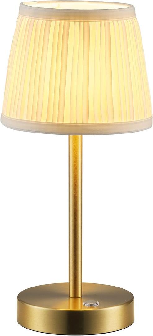 PUSU Cordless LED Gold Table Lamp, Rechargeable 4000mAh 3 Way Dimmable Bedside Small Lamp with Fabric Shade, Lighting for Bedroom, Kids Room, Bathroom, Kitchen, Home Decor, Gift, Night Light