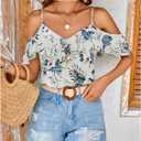 SweatyRocks Women's Floral Print Cold Shoulder Tops Ruffle Short Sleeve Summer Blouses Shirt (White, S)